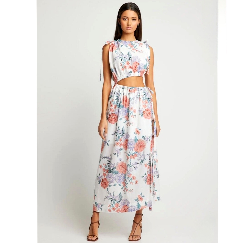 Sofia the Label White Jewel Floral Moma Gathered Cut Out Maxi Summer Dress